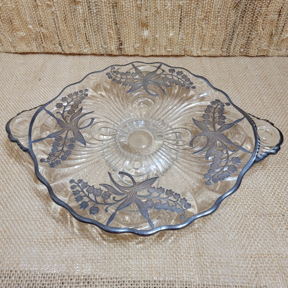Vintage Molded Glass Footed Tray with Sterling Silver Floral Overlay